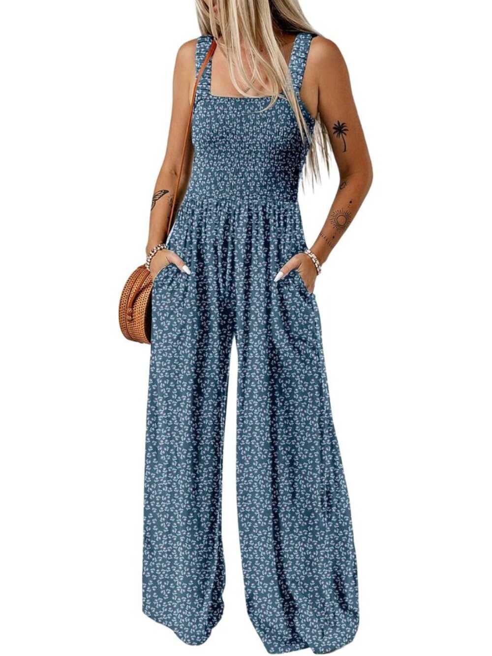 Women's Blue Summer One Piece Sleeveless Loose Overalls Jumpsuits Rompers